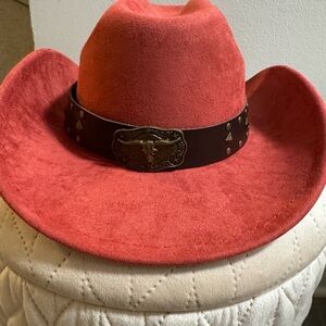 Red Suede Western Hat with Brown Band